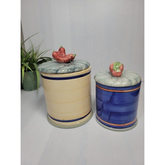 2 Vintage Vegetable Canisters Peppers Tomatoes Ceramic - Picture 3 of 7